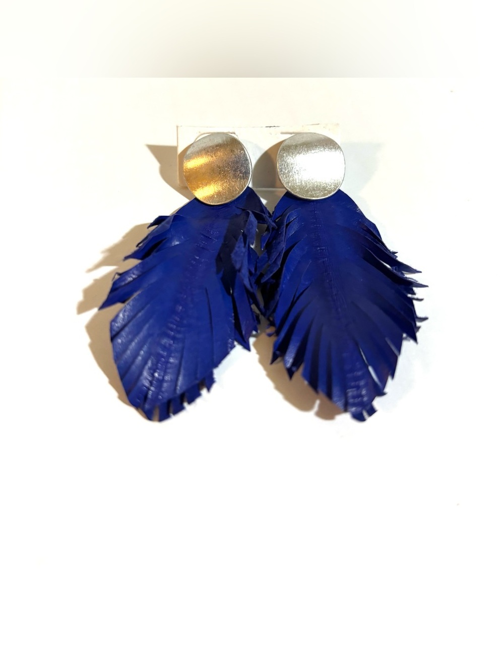 Blue Feather  leather Drop Earrings with Silver Disc Posts